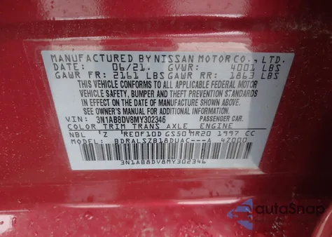 2021 Nissan Sentra Sr Xtronic Cvt z USA, uszkodzony, nr VIN 3N1AB8DV8MY302346